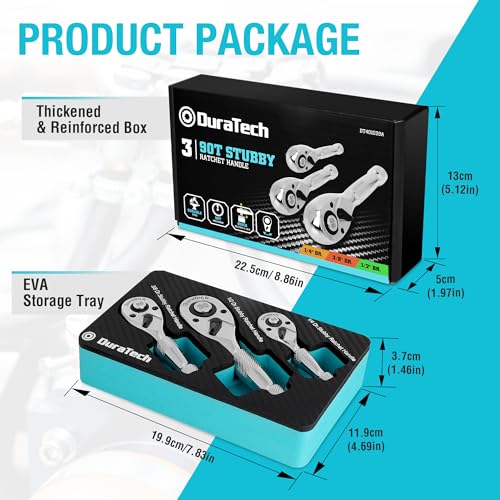 DURATECH 3-Piece Stubby Ratchet Wrench Set, 90-Tooth, 1/4", 3/8", 1/2"drive 1/4" & 3/8" & 1/2" Ratchet Set (3-Piece)
