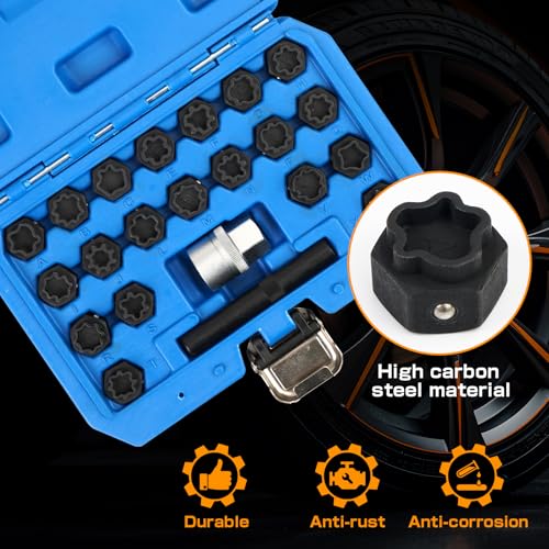 BHB 22PCS Wheel Locking Nut Key Removal Tool Kit Wheel Anti-Theft Lock Lug Nut Screw Remover Set with Punch and 1/2 Inch Driver Scoket Adaptor Compatible with Audi