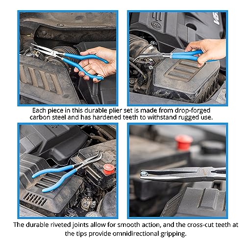 NEIKO 02105A (4) Long Nose Plier 11” Long Reach, Straight, Angle, Curved Pliers, 45 & 90 Degree, bent Head Needle Nose Pliers Set for Mechanics, Long Handle Pliers Long Nose Pliers