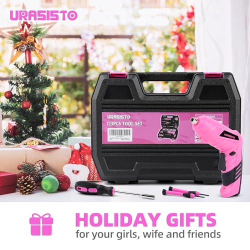 URASISTO 123 Piece Pink Household Tool Set with 3.6V USB Electric Screwdriver, Home Tool Kit with Cordless Lithium-ion Drill Driver, HandTool Kits for Women