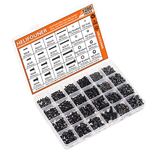 HELIFOUNER 1280 Pieces Button Head Socket Cap Screw Bolts, Flat Washers and Nuts Assortment Kit, 10.9 Grade Alloy Steel, Full Thread (M2 M3 M4 M5) M2 M3 M4 M5 Button Head Socket Cap Screws Black