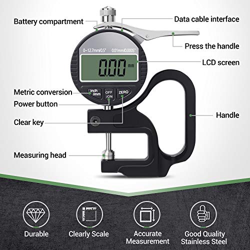 Digital Thickness Gauge 0.5in/12.7mm 0.0005in/0.01mm for Leather 0.5"/0.0005"