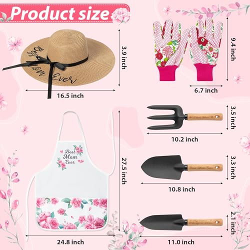 Mom Garden Tools Pink Hand Rake Transplanter Apron Trowel Straw Hat Planting Gloves Gardening Set with Box Outdoor Horticulture Starter for Best Mother in Law Plant Lover