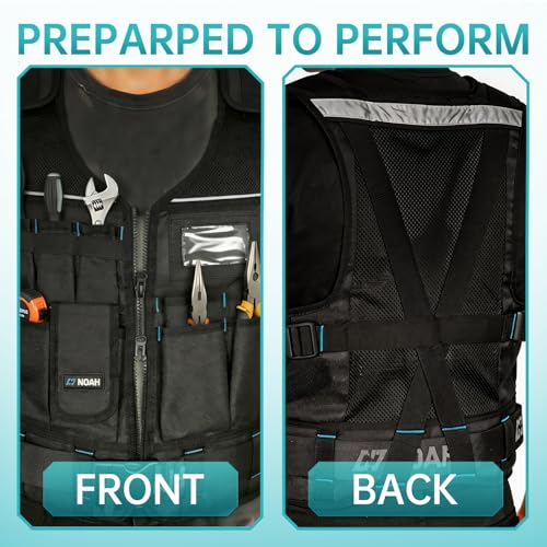 N NOAH Heavy-Duty Tool Vest for Men, Adjustable Size, 1680D Ballistic Fabric, Breathable Construction Vest with Reflective Stripes, Multi-Purpose Pockets for Electrician, Carpenter, Outdoor Activities
