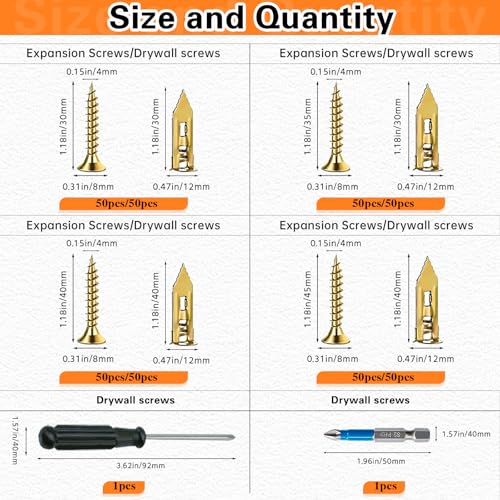 420PCS Self Drilling Drywall Anchors with Screws Kit, Wall Anchors for Drywall, Heavy Duty Metal Expansion Bolts, Sheetrock Anchors & Zinc Plated Steel Expansion Screws, No Drill Needed for Shelf, etc 420