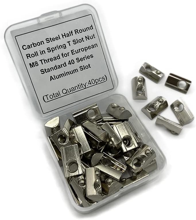 40Pcs M8 Thread T Slot Spring Nuts, Silver Carbon Steel Nickel-Plated Half Round Roll in Spring T Slot Nut for European Standard 4040 Series Aluminum Extrusion Profile (A Pack of 40pcs)