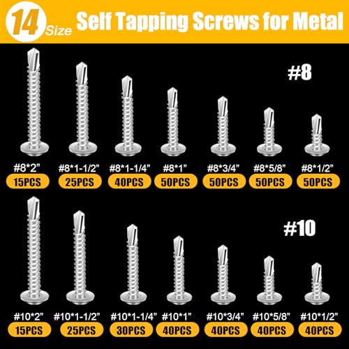 510PCS #8#10 Self Tapping Screws for Metal, TEK Head Screws Self Drilling Screws Assortment Kit Set, 410 Stainless Steel Sheet Metal Screws (Length 1/2" to 2") 510PCS-Modified Truss Head