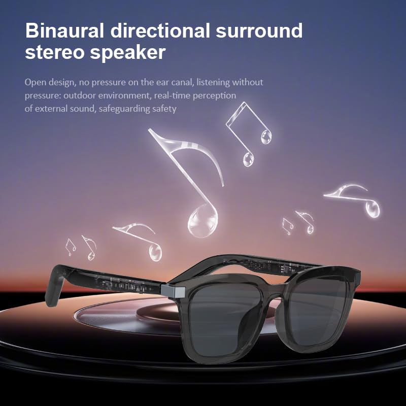 Smart Bluetooth Audio Glasses,UV Protection, Auto On/Off, Call/Music, Voice Assistant,Remote Control of Mobile Phone Camera Function,Transparent Gray Cool Temples ，Unisex