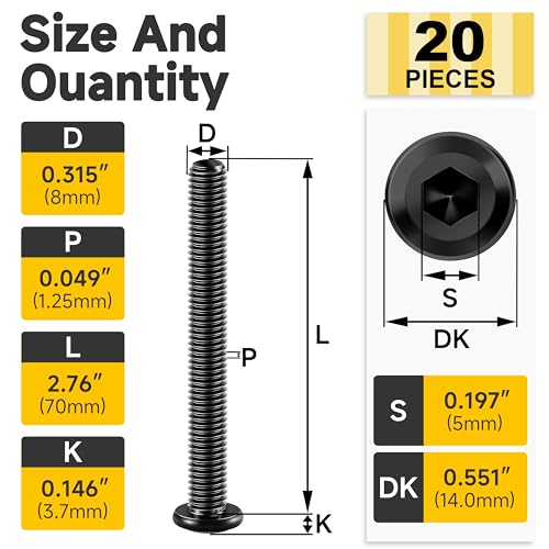 Mywish M8 x 70mm 20Pcs Flat Head Hex Socket Cap Screws Bolts & M8 x 50mm 20Set Flat Head Hex Socket Cap Screws Bolts with Barrel Nuts, 304 Stainless Steel Furniture Bolts Full Thread, Black Oxide