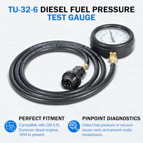 Bonbo TU-32-6 Diesel Fuel Pressure Test Gauge for GM 6.6 L Duramax Engines, Complete Gauge Kit with 6ft Hose & Quick Coupler