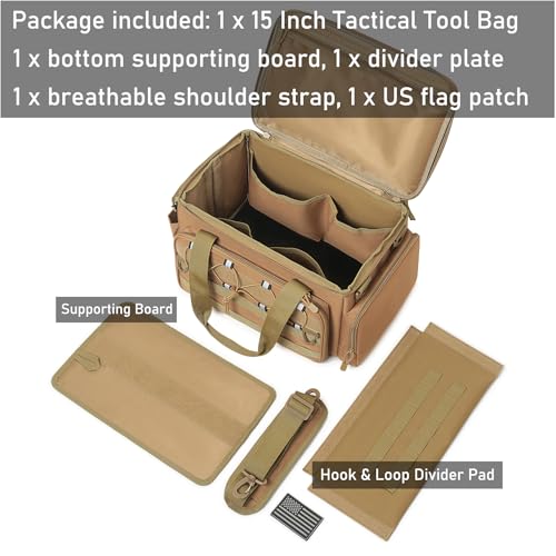 15-Inch Tool Bag, Multi-Purpose Tactical Work Tote & Range Organizer with Shoulder Strap, for Electricians, Handymen, Carpenters & Shooting Range Use (Khaki) Khaki