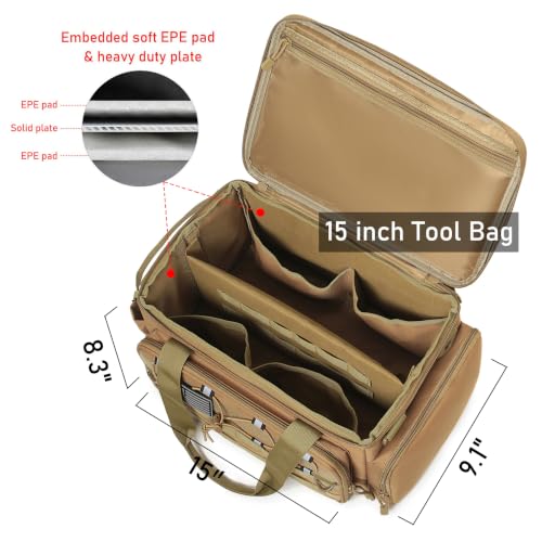 15-Inch Tool Bag, Multi-Purpose Tactical Work Tote & Range Organizer with Shoulder Strap, for Electricians, Handymen, Carpenters & Shooting Range Use (Khaki) Khaki