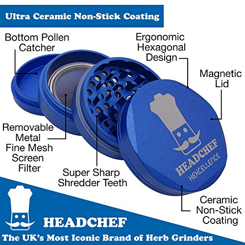 Headchef Hardcore Hexellence Ceramic Non-Stick Coated Metal Herb Grinder, 4 Piece, 62mm (Kiloton Blue)
