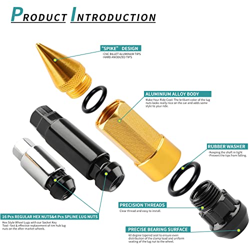 20PCS M12x1.5 Anti Theft Wheel Spikes Lug Nut Gold