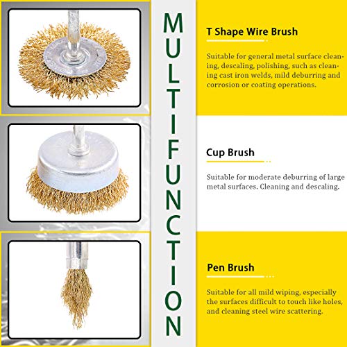 Keadic 19 Pieces Brass Wire Brushes Cup Wheels Brush & Wool Polishing Buffing Wheel Pad Set with 1/4 Inch Shank, Polishing Attachment Die Grinder Rotary Tools Accessories for Cleaning Rust Corrosion