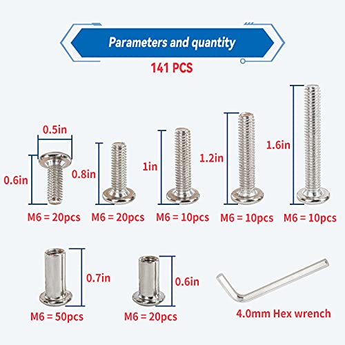 M6 x 16mm/20mm/25mm/30mm/40mm 140Pcs Hex Socket Screws Head Nuts 16/20/25/30/40mm (140pcs)