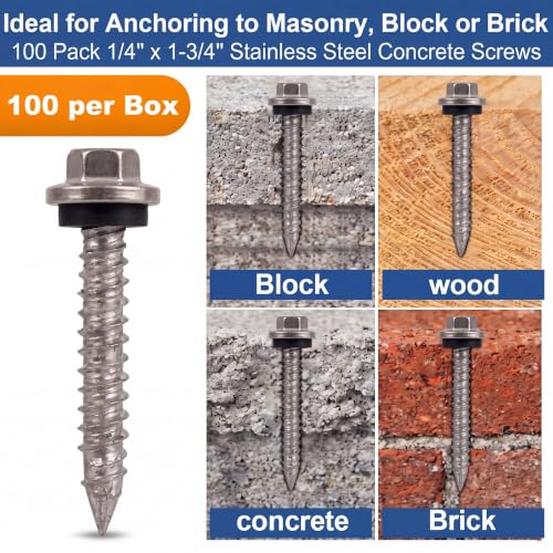 Fumete 100 Pack 1/4" x 1-3/4"Stainless Steel Hex Head Concrete Screws