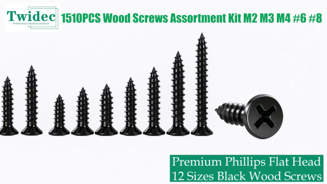Twidec/1510PCS Wood Screws Black M2 M3 M4#6#8 Phillips Pan Head＆Flat Head 1510PCS
