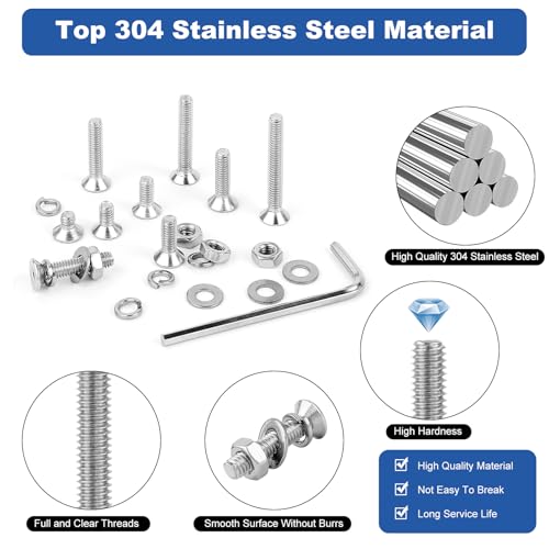 206 Pcs Metric M6 Flat Head Hex Socket Cap Screws Assortment Kit, M6x 10/12/16/20/25/30/40mm Internal Hex Drive Allen Bolts Nuts and Washers Set, 304 Stainless Steel, Fully Threaded, Pitch: 1.0mm