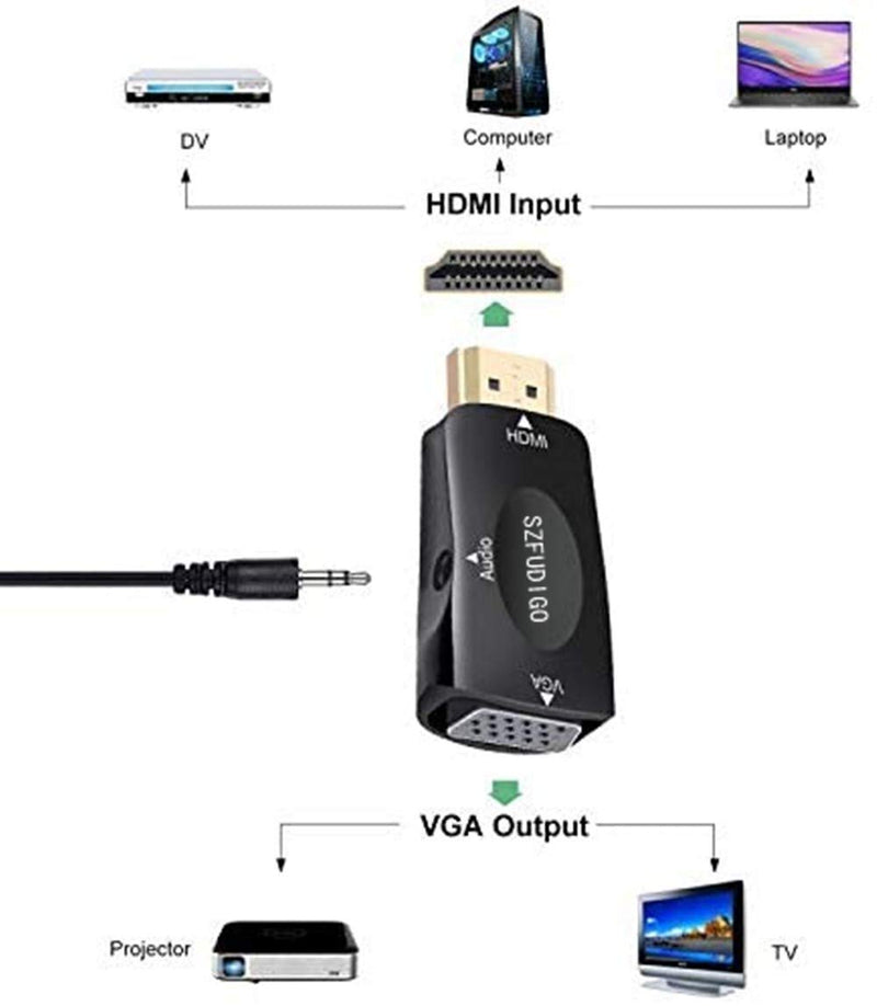FDG SZFUDIGO HDMI to VGA Adapter, 3.5mm Audio, Gold-Plated, Compatible with PC, Monitor, Projector, 1920x1080@60Hz, 1080p Full HD, Black