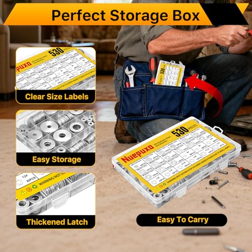 530PCS Flat Washers Assortment Kit, 304 Stainless Steel Washers 530PCS (Metric+SAE)