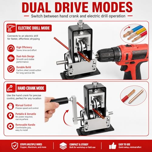 Manual Wire Stripper Machine 0.04"-1" Gauge for Copper, Hand Crank & Drill