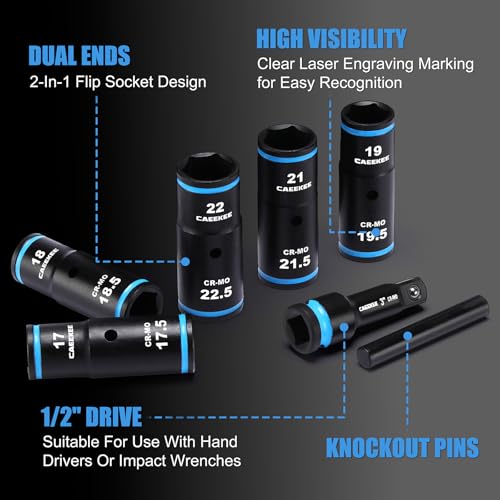 1/2" Drive Lug Nut Impact Socket Set, 7PCS Thin Wall Flip Socket Set, Half Size Metric Wheel Socket Set, 17.5mm, 18.5mm, 19.5mm, 21.5mm, 22.5mm, 6 Point, CR-MO, 3" Extension Bar & Knockout Bar 7PCS Half Size Metric