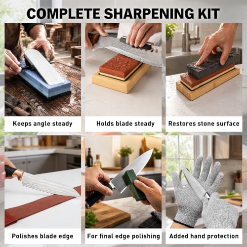 12-Piece Knife Sharpening Stone Set, Whetstone 4 Side 400/1000 3000/8000 Grit, Whetstone Knife Sharpener Stone Kit, Leather Strop, Angle Guide, Flatting Stone, Polishing Compound, Honing Guide Upgraded Version Blue
