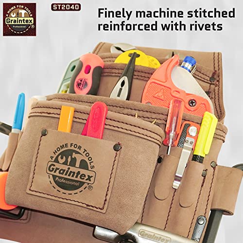 GRAINTEX ST2040 10 Pocket Nail & Tool Pouch Natural Top Grain Leather for Framers, Constructors, Electricians, Plumbers, Handyman