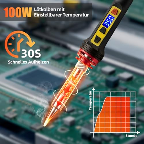 Soldering Iron Set, 100 W LCD, Soldering Iron with Adjustable Temperature 200-600 °C, Soldering Iron with On/Off Switch, 30 g Soldering Wire, 5 Soldering Tips, Desoldering Pump, Soldering Set for | Präzisions Lötkolben Elektronik mit Ein/Aus Schalter, ...