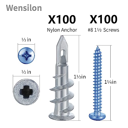 Wensilon 200pcs #8 Self Drilling Zinc Alloy Anchors, Metal Wall Anchors with Screws Wall Anchors,100PCS Wall Anchor and 100PCS Screws for Drywall, 75LB Hanging and Mounting