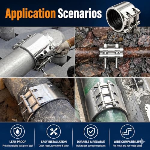 Pipe Repair Clamp,2.5 inch (60mm-65mm)）Stainless Steel Leak Sealer, Heavy Duty Pipe Leak Repair Kit for Metal & PVC Pipes, for Burst & Crack Water Pipe Emergency Maintenance 60mm-65mm/2.5 inch