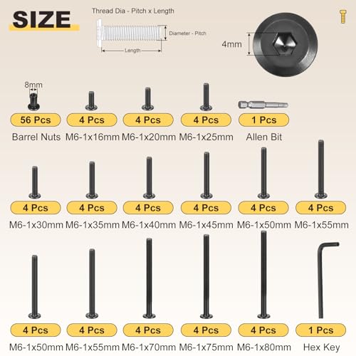 METALLIXITY Crib Screw Replacement Set Galvanization Barrel Nuts 114Pcs M6-1x16/20/25/30/35/40/45/50/55/60/65/70/75/80mm Black 114