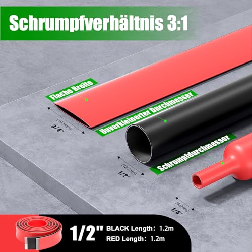 Heat Shrink Tube Diameter 12 mm 3:1 with Adhesive Cable Waterproof 2.4 m Black Red | ELECFUN Heat Shrink Tubing, Double-Walled, Waterproof, Wear-Resistant, Thick-Walled, 1.2 m Black & 1.2 m Red 12mm & 2.4m
