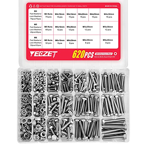 620PCS M4 M5 M6 Heavy Duty Bolts and Nuts Assortment Kit, 304 Stainless Steel, Includes 13 Most Common Sizes 620PCS m4 m5 m6 Bolts and Nuts Kit