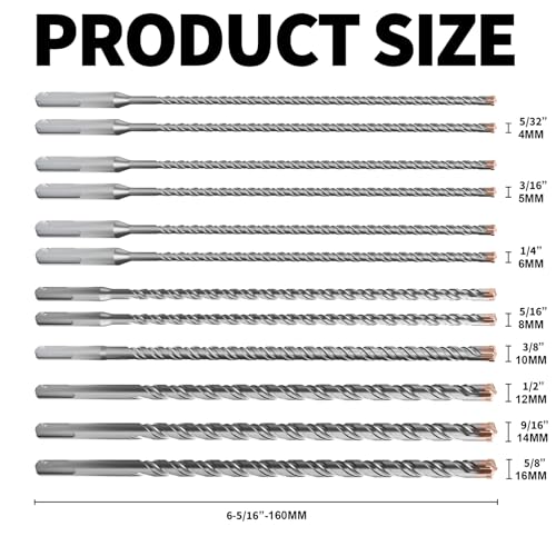 12PCS SDS Plus Rotary Hammer Drill Bits, 12PCS(5/32" to 5/8" ×12") - 4 Carbide Cutting Edges, Ideal for Masonry| Heavy-Duty Masonry |Hammer Drill Bits for Precision Drilling 12PCS(5/32" to 5/8" ×12")
