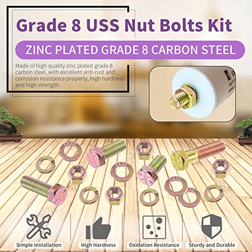 Swpeet 112Pcs 3/8-16" x 3/4" to 1-1/2" 5 Sizes Grade 8 USS Nut Bolts Assortment Kit, Heavy Duty Bolt Nut and Washer Assortment Coarse Thread Hex Head Cap Screws Bolt Flat and Lock Washer Grade 8 USS - 3/8 Inch - 112Pcs
