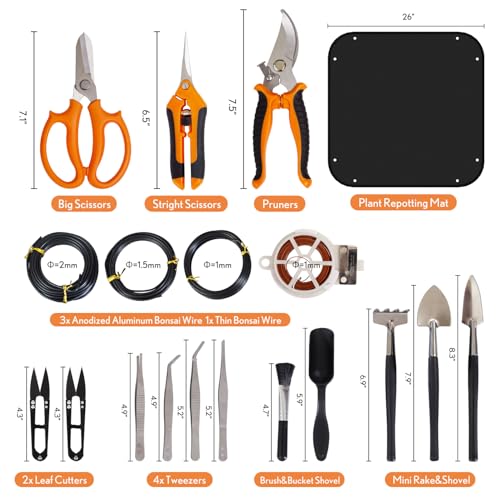 Bonsai Tools Kit 20 Pcs Garden Tools Set for Beginner, Gardening Gift for Women Men, Includes Bonsai Wire Kit, Plant Mat, Pruning Shears, Bonsai Scissors, Succulent Tools in Leather Storage Bag Orange