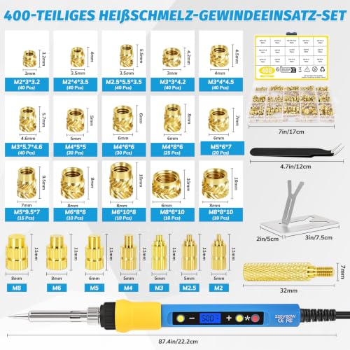 400 Pieces Threaded Inserts and Soldering Tips Set, 80W Soldering Iron with Adjustable Temperature of 180-500°C, 7 Soldering Tips, Includes 400 Thread Inserts M2/M2.5/M3/M4/M5/M6/M8 for 3D Printing