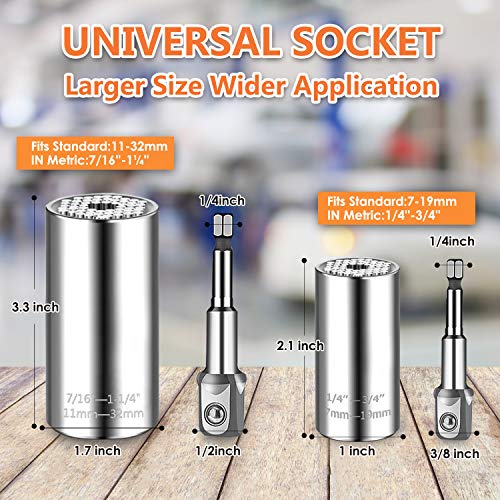 Universal Socket Wrench Set (11-32mm 7-19mm) Professional Sockets Tools Multi-function Wrench Repair Tool Kit with 3/8 inch Ratchet Wrench & Power Drill Adapter Chrome Vanadium Steel 6PCS