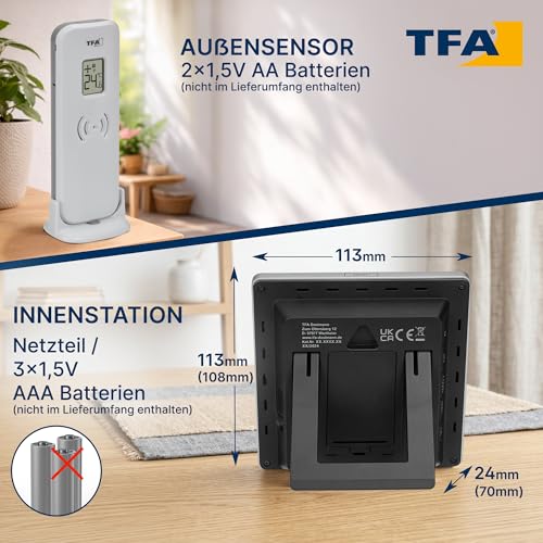 TFA Dostmann SUN2 35.1174 Digital Wireless Weather Station with Outdoor Sensor for Indoor and Outdoor Temperature, Large Color Display, with Living Climate, Includes Radio-Controlled Clock with Date, Hygrometer, with Power Adapter, White