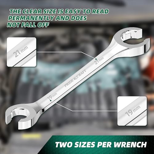 PRIDE&CRAFT 12-Piece Flare Nut Wrench Set, Metric & SAE,6-21mm & 1/4" to 7/8", CR-V Steel, 15°Offset Design, Brake Line Wrench Set with Organizer Pouch 12pc Metric & Sae Standard