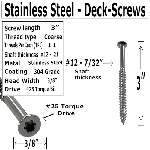 – Heavy Duty - #12 x 3 Inch - 304 Grade Stainless Steel - 3” Deck Wood Screws – Rust Proof - Outdoor Exterior Construction of Decks, Fences - #25 Torx Bit Drive - Qty (100) 100
