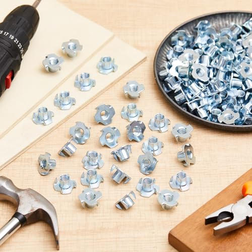 200 Pcs T-Nuts 3/8"-16, Zinc-Plated Steel Corrosion Resistant, 7/16" Barrel Length, 4-pronged Climbing Wall Tee Nut for Rock Climbing Holds, Wood, Cabinetry (Blue Zinc) Blue Zinc 200