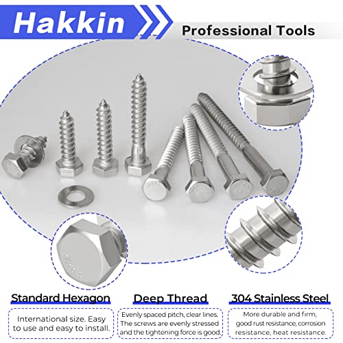 5/16" Hex Lag Bolts Screws Washer Assortment Kit 1" 1-1/4" 1-1/2" 2" 2-1/2" 3" 3-1/2" 4",92Pcs Stainless Steel Lag Screws,Heavy Duty Hexagon Head Lag Bolt Wood Screws Washer Kit by Hakkin C 5/16-18 (92PCS)