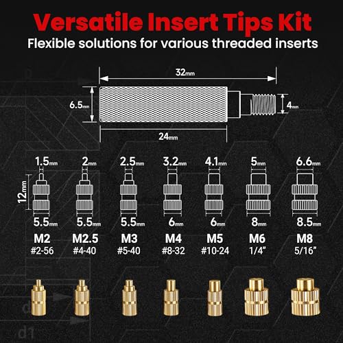 1/4"-20x12.7/5/6/8/10x8 Threaded Inserts-150 Pieces Assortment Box+Heat-Set Insert Tips Sets,Brass Knurled Nuts,pPress Tool for 3D Printing Components and Plastic Parts