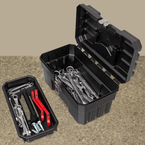 Akro-Mils 14-Inch Plastic Toolbox with Removable Tray, Steel Latch & Padlock Eye, Industrial-Grade Tool Box for Tools, Crafts, First Aid & Hobby Supplies, 14" x 8" x 8", Made in USA, Black (09514) 1-Pack