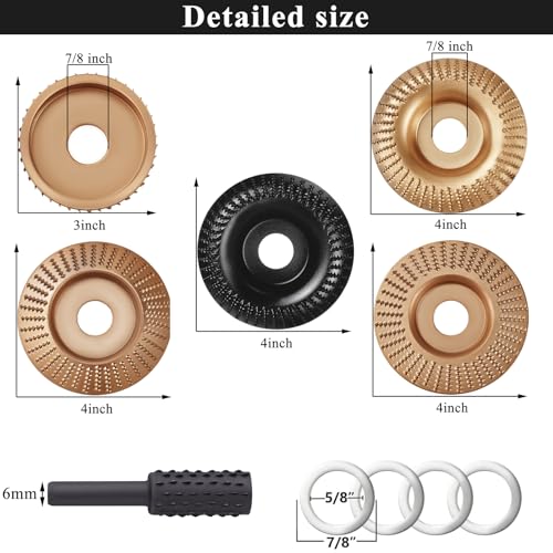 Heavy-Duty 5PCS Wood Carving Disc Set+5PCS Rotary Burr Rasp Set,4" or 4 1/2" Angle Grinder with 7/8" Arbor,Grinding Wheel Shaping Discs for Wood Grinding,Wood Angle Grinder Accessories 15