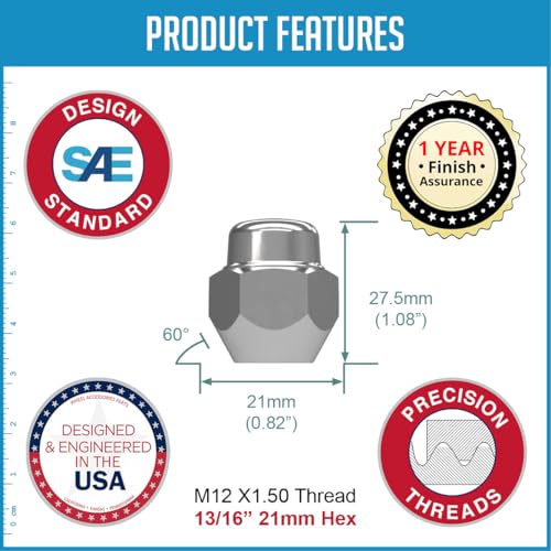 Wheel Accessories Parts 20 Pcs M12x1.5 12x1.5 Thread OEM Style Lug Nuts 1.2" Long Chrome 13/16" 21mm Hex Fits Hyundai Elantra | KIA Forte Stinger | Mazda CX5 3 Outlander | MB579233 | 611-141 20 Pack