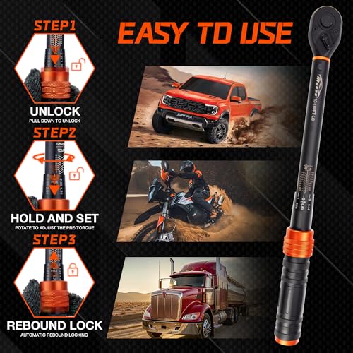 1/2-Inch Drive Click Torque Wrench, 10-180 Ft-Lb/13.6-244.0 Nm, Dual-Direction 72-Tooth Ratchet, ±3% Precision with Dual Scale Torque Wrenches for Bike, Motorcycle & Car 1/2" 1 PC